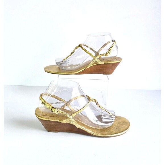 TORY BURCH Gold Emmy Wedge Sandals Metallic Leather Sz 10 Logo Ankle Strap - Picture 5 of 13